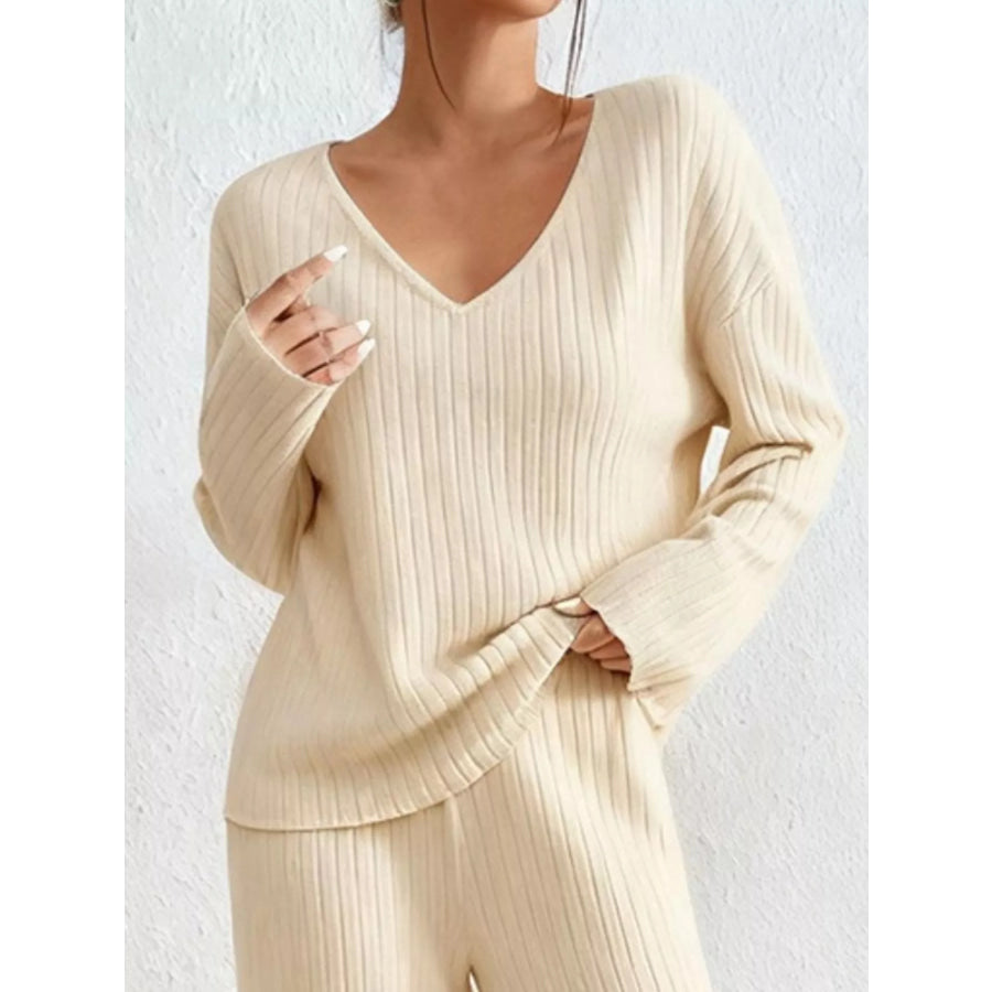 Ribbed Knit V-Neck Top and Pants Set Apparel and Accessories