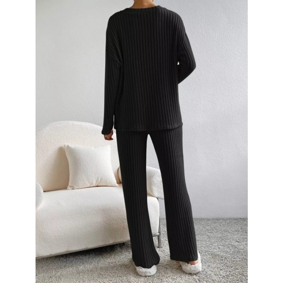 Ribbed Knit V-Neck Top and Pants Set Apparel and Accessories