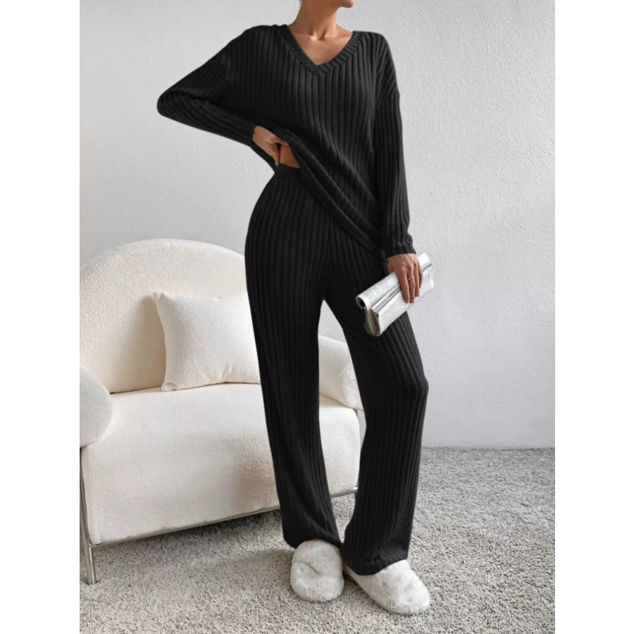 Ribbed Knit V-Neck Top and Pants Set Apparel and Accessories