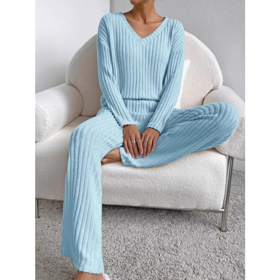 Ribbed Knit V-Neck Top and Pants Set Apparel and Accessories