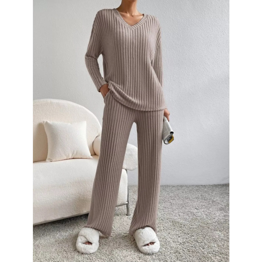 Ribbed Knit V-Neck Top and Pants Set Apparel and Accessories