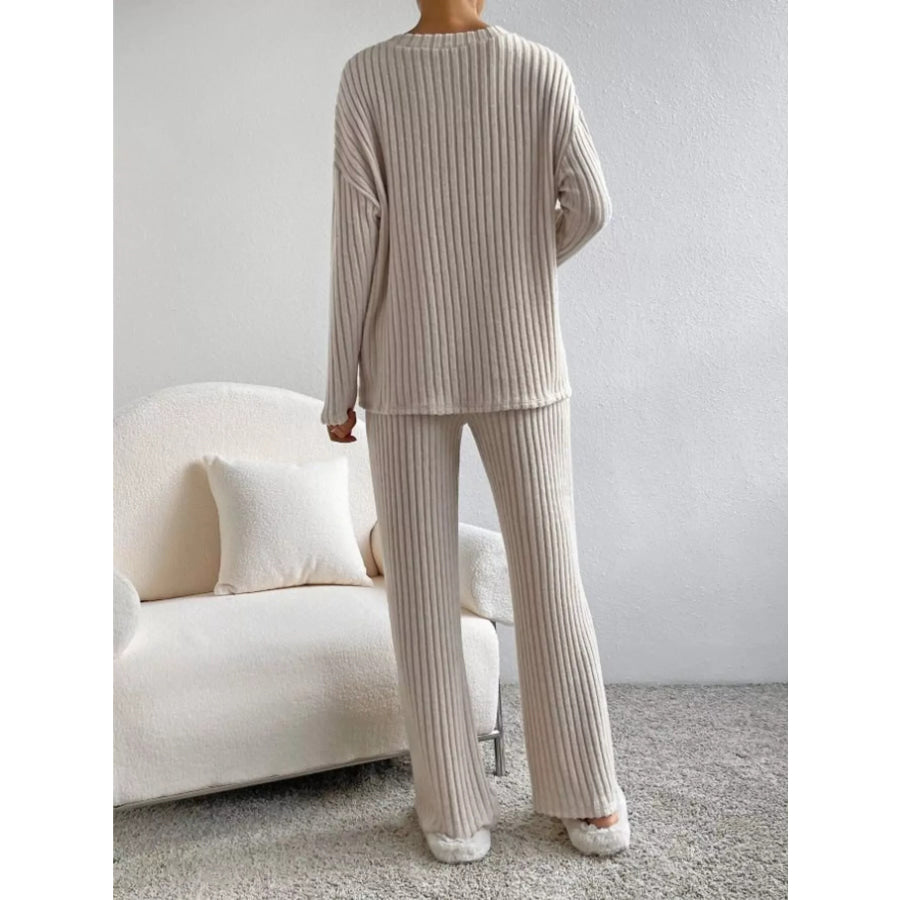 Ribbed Knit V-Neck Top and Pants Set Apparel and Accessories