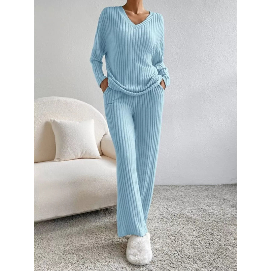Ribbed Knit V-Neck Top and Pants Set Apparel and Accessories