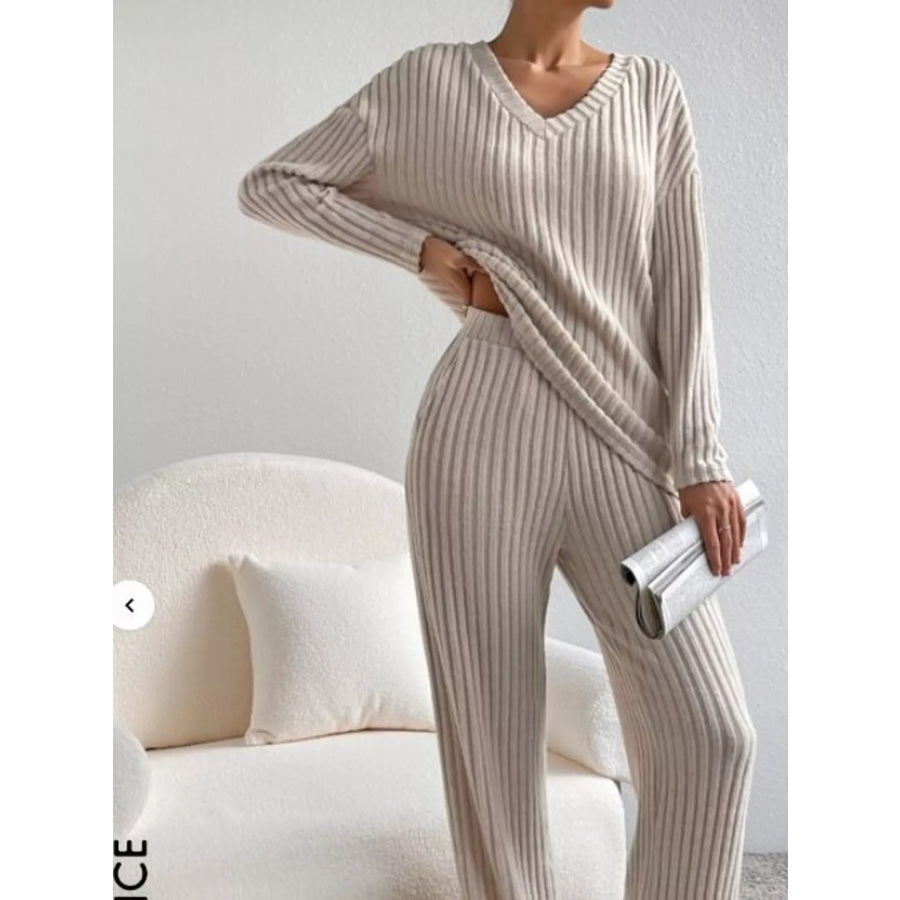 Ribbed Knit V-Neck Top and Pants Set Apparel and Accessories