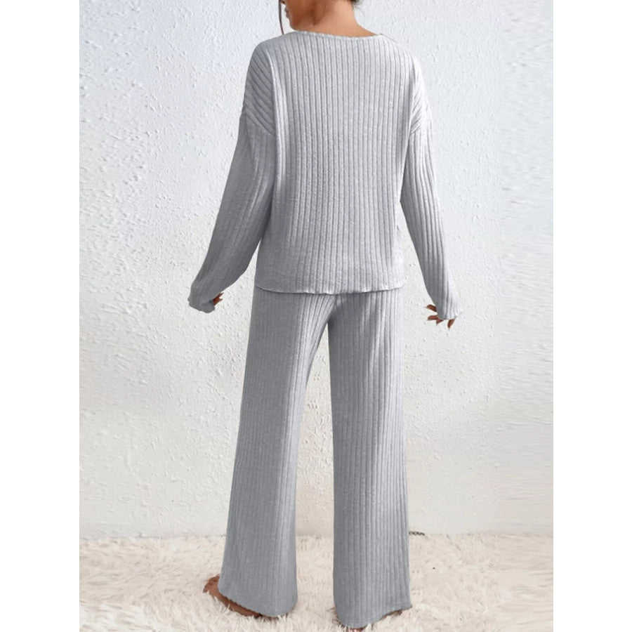 Ribbed Knit V-Neck Top and Pants Set Apparel and Accessories