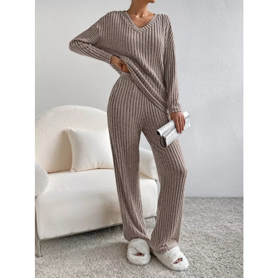 Ribbed Knit V-Neck Top and Pants Set Apparel and Accessories