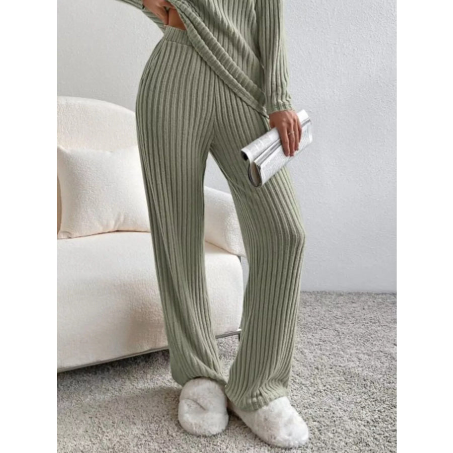 Ribbed Knit V-Neck Top and Pants Set Apparel and Accessories