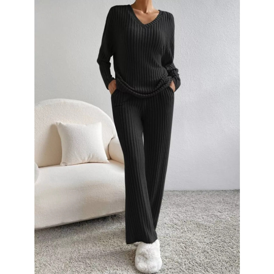 Ribbed Knit V-Neck Top and Pants Set Apparel and Accessories