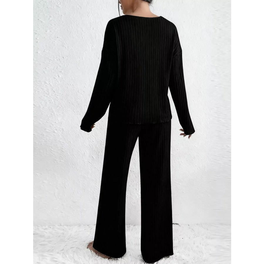 Ribbed Knit V-Neck Top and Pants Set Apparel and Accessories