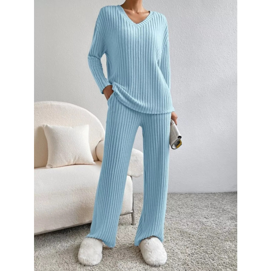 Ribbed Knit V-Neck Top and Pants Set Apparel and Accessories