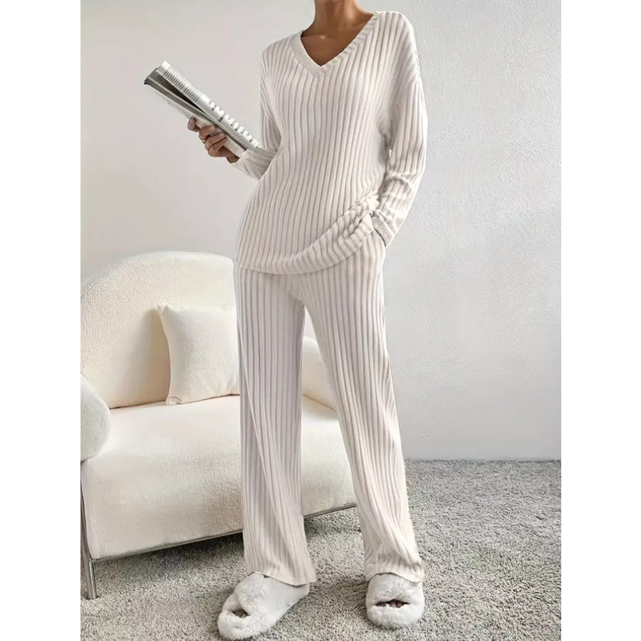 Ribbed Knit V-Neck Top and Pants Set Apparel and Accessories