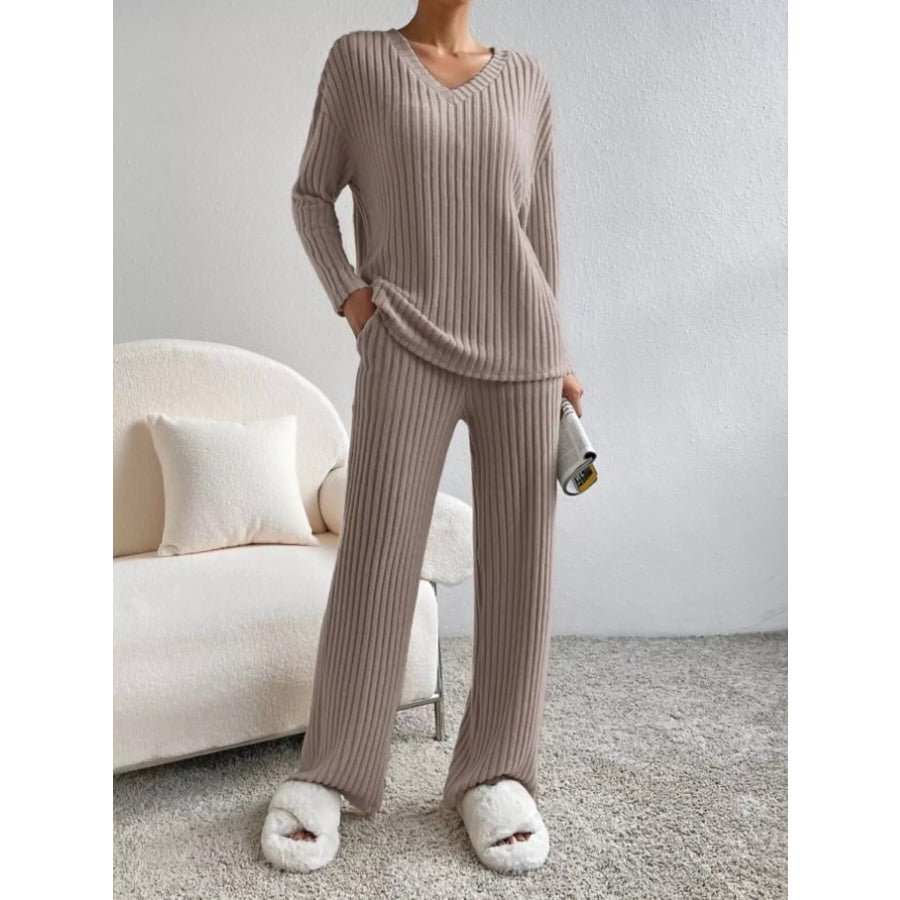 Ribbed Knit V-Neck Top and Pants Set Apparel and Accessories