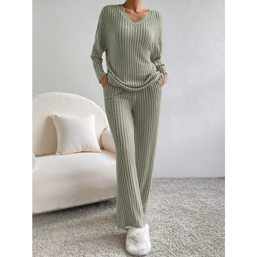 Ribbed Knit V-Neck Top and Pants Set Apparel and Accessories