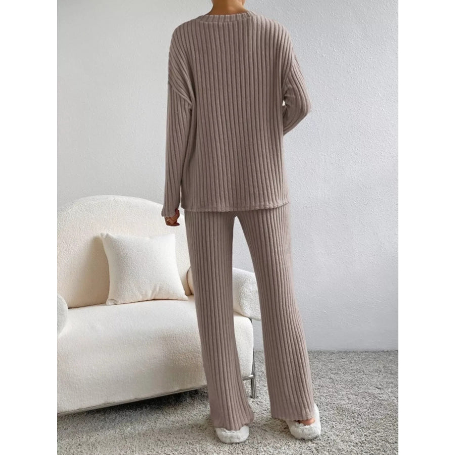 Ribbed Knit V-Neck Top and Pants Set Apparel and Accessories