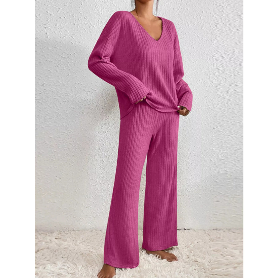 Ribbed Knit V-Neck Top and Pants Set Apparel and Accessories