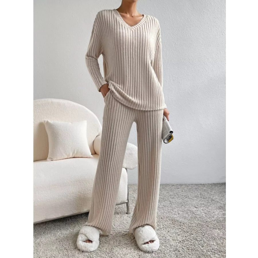 Ribbed Knit V-Neck Top and Pants Set Apparel and Accessories