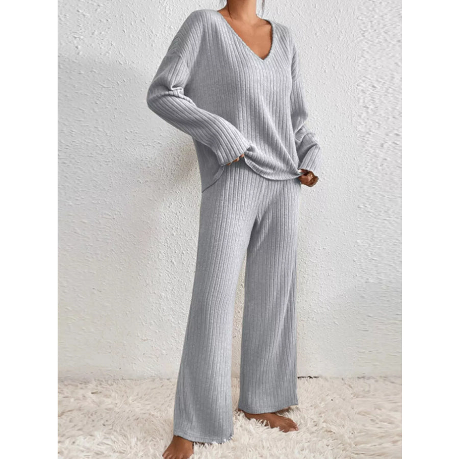 Ribbed Knit V-Neck Top and Pants Set Apparel and Accessories
