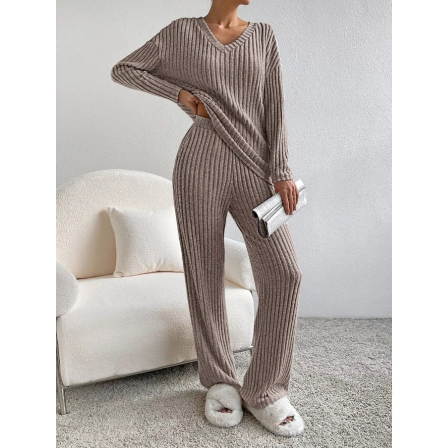 Ribbed Knit V-Neck Top and Pants Set Apparel and Accessories