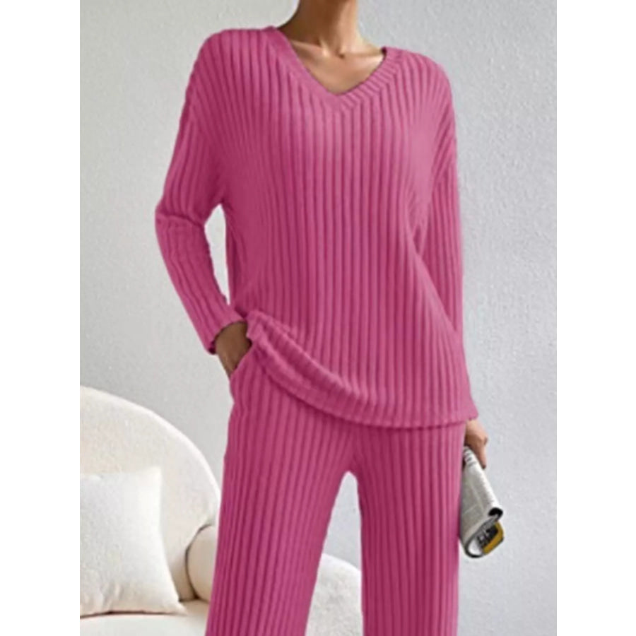 Ribbed Knit V-Neck Top and Pants Set Apparel and Accessories
