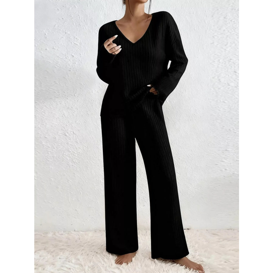 Ribbed Knit V-Neck Top and Pants Set Apparel and Accessories