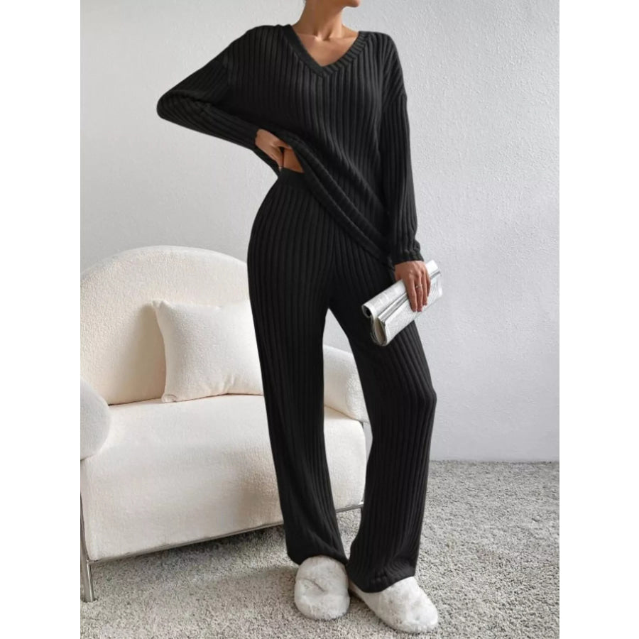 Ribbed Knit V-Neck Top and Pants Set Apparel and Accessories