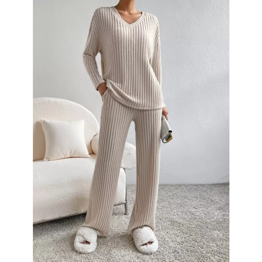 Ribbed Knit V-Neck Top and Pants Set Apparel and Accessories