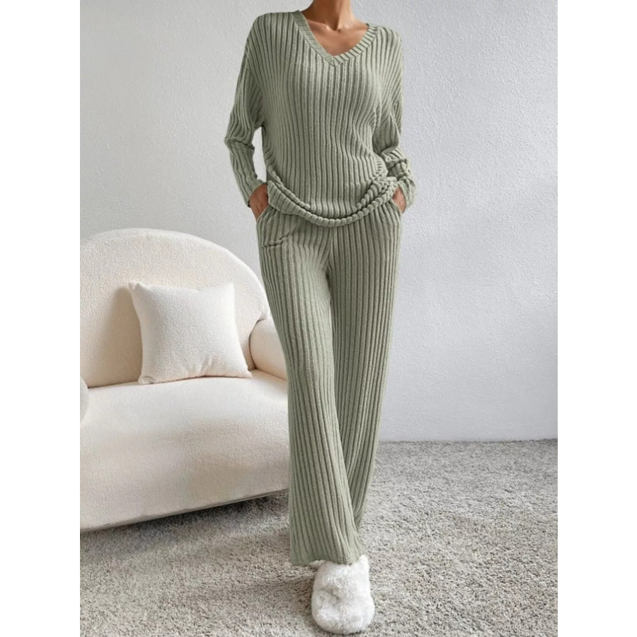 Ribbed Knit V-Neck Top and Pants Set Apparel and Accessories