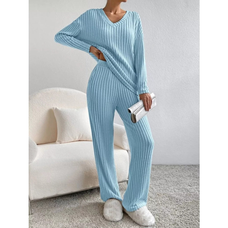 Ribbed Knit V-Neck Top and Pants Set Apparel and Accessories