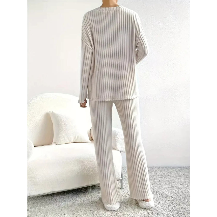 Ribbed Knit V-Neck Top and Pants Set Apparel and Accessories
