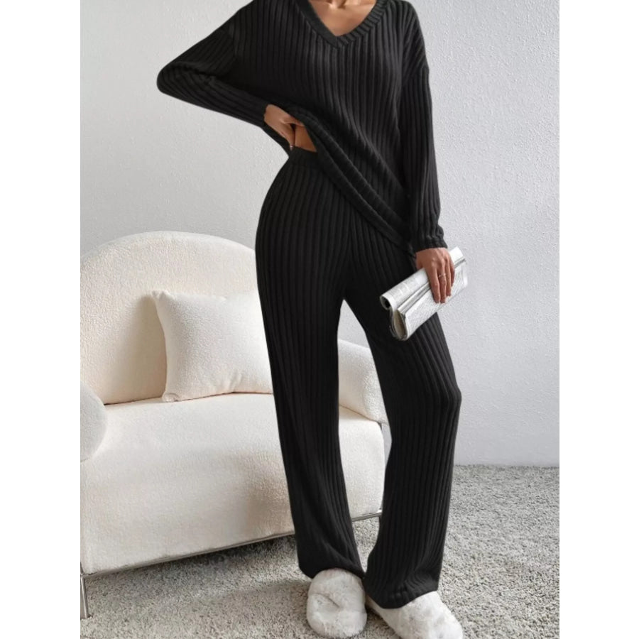 Ribbed Knit V-Neck Top and Pants Set Apparel and Accessories