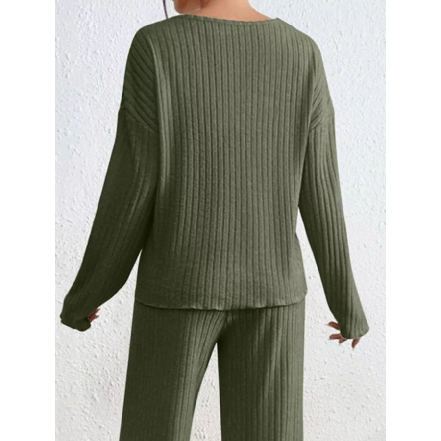 Ribbed Knit V-Neck Top and Pants Set Apparel and Accessories