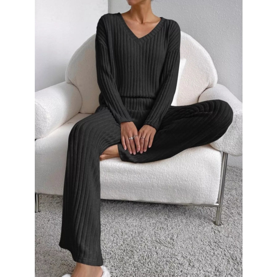 Ribbed Knit V-Neck Top and Pants Set Apparel and Accessories