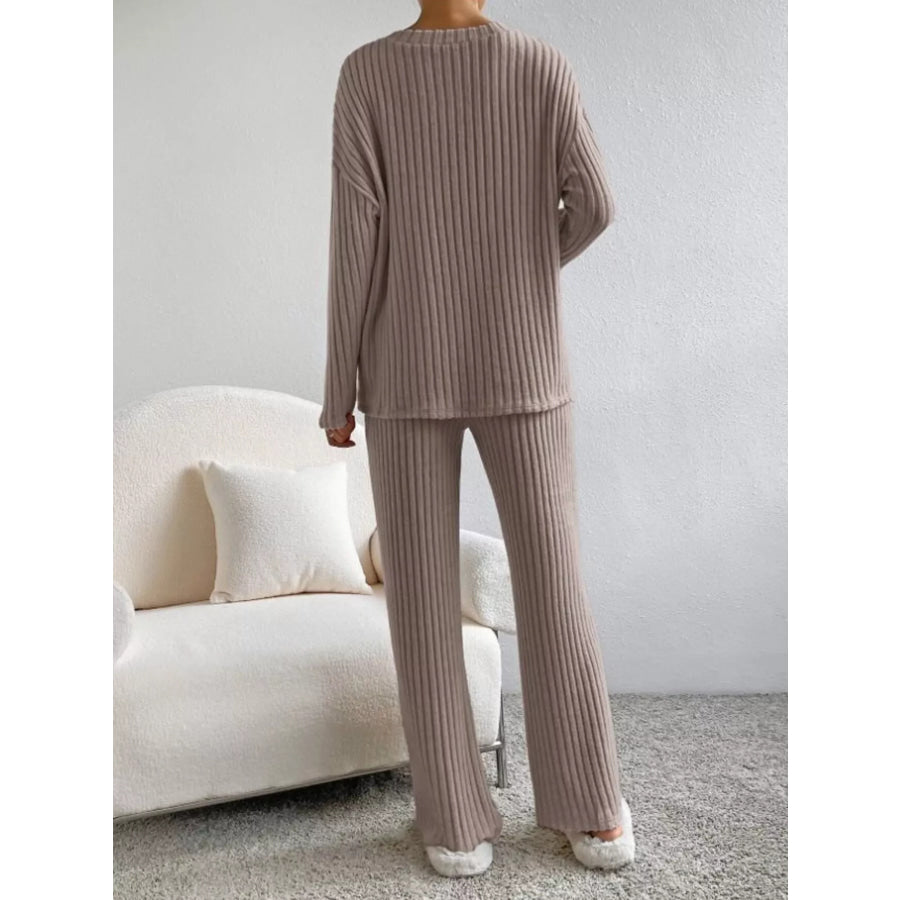 Ribbed Knit V-Neck Top and Pants Set Apparel and Accessories