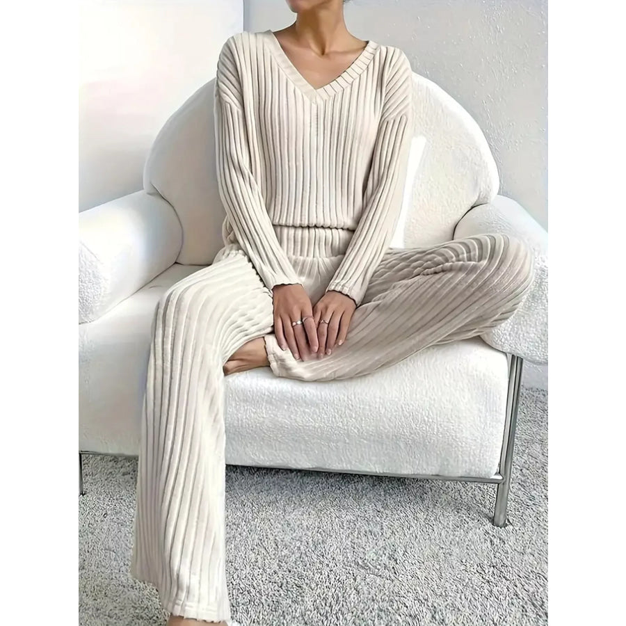 Ribbed Knit V-Neck Top and Pants Set Apparel and Accessories