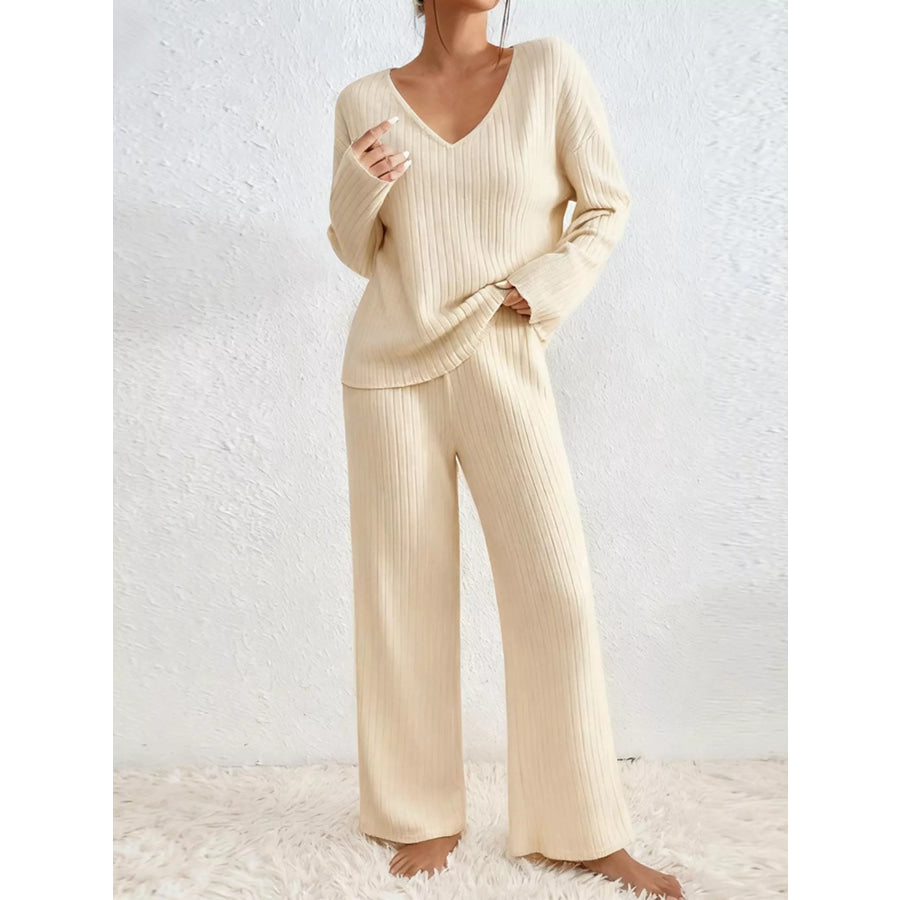 Ribbed Knit V-Neck Top and Pants Set Beige / S Apparel and Accessories