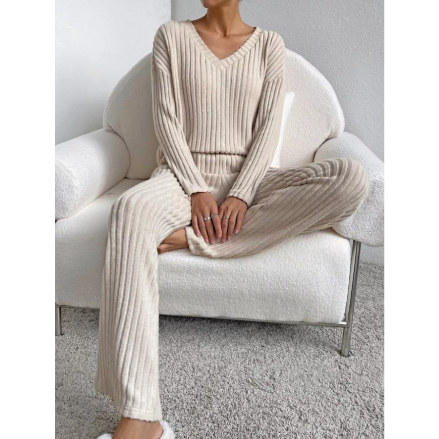 Ribbed Knit V-Neck Top and Pants Set Beige / XS Apparel and Accessories