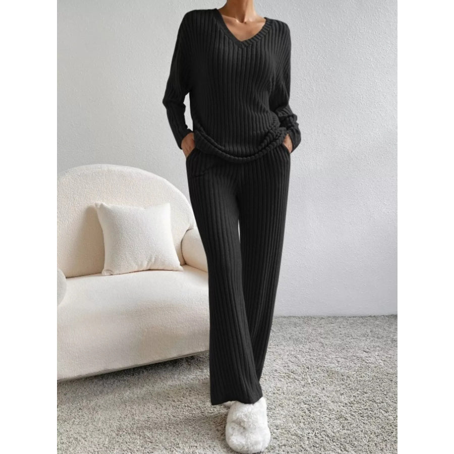 Ribbed Knit V-Neck Top and Pants Set Black / S Apparel and Accessories