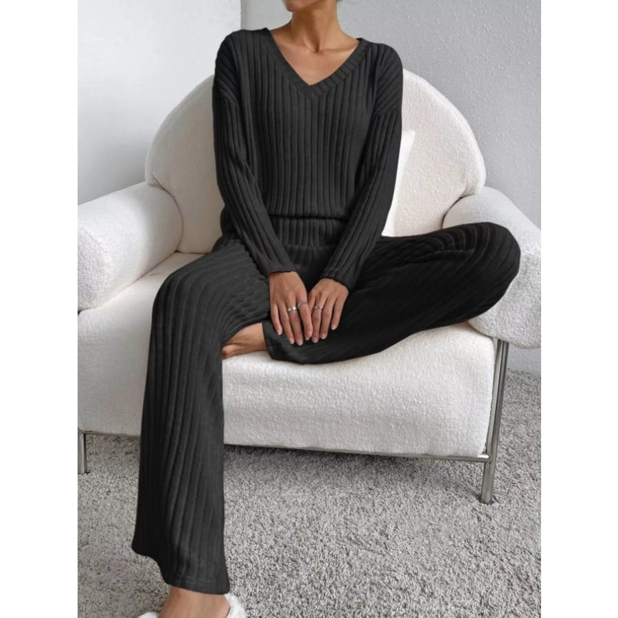 Ribbed Knit V-Neck Top and Pants Set Black / XS Apparel and Accessories
