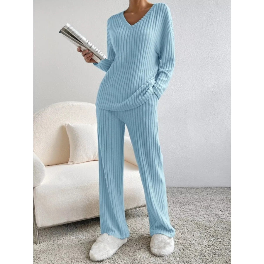 Ribbed Knit V-Neck Top and Pants Set Blue / S Apparel and Accessories