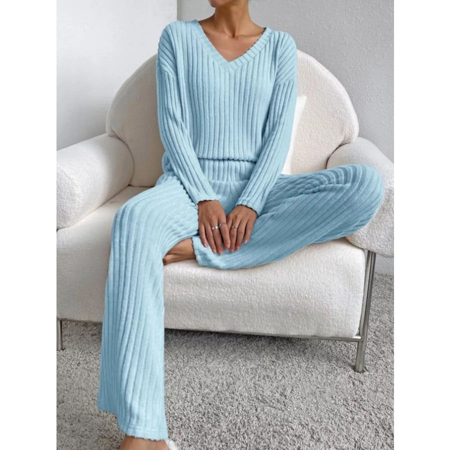 Ribbed Knit V-Neck Top and Pants Set Blue / XS Apparel and Accessories