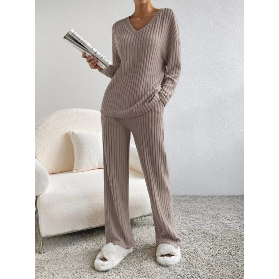 Ribbed Knit V-Neck Top and Pants Set Brown / S Apparel and Accessories