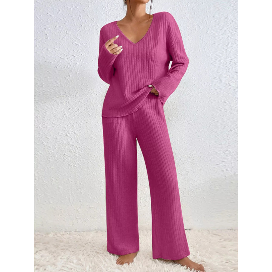 Ribbed Knit V-Neck Top and Pants Set Cerise / S Apparel and Accessories