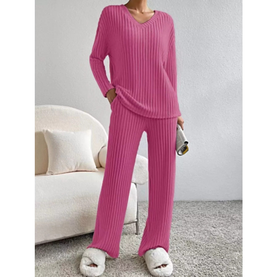 Ribbed Knit V-Neck Top and Pants Set Fuchsia Pink / XS Apparel and Accessories