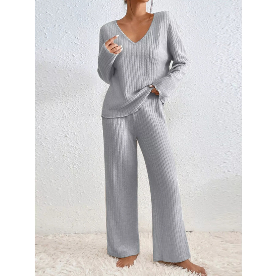 Ribbed Knit V-Neck Top and Pants Set Gray / S Apparel and Accessories