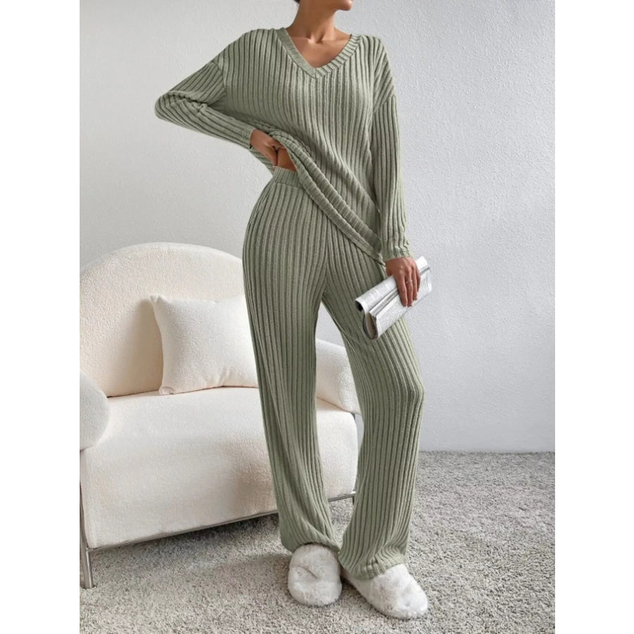 Ribbed Knit V-Neck Top and Pants Set Green / S Apparel and Accessories