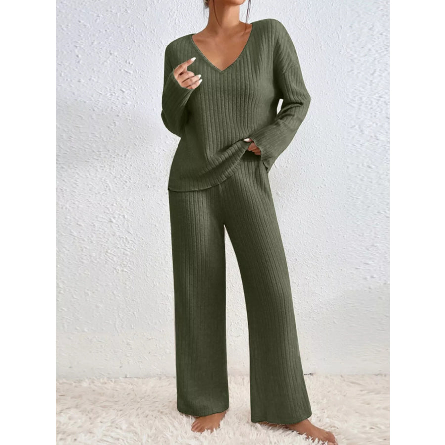 Ribbed Knit V-Neck Top and Pants Set Moss / S Apparel and Accessories