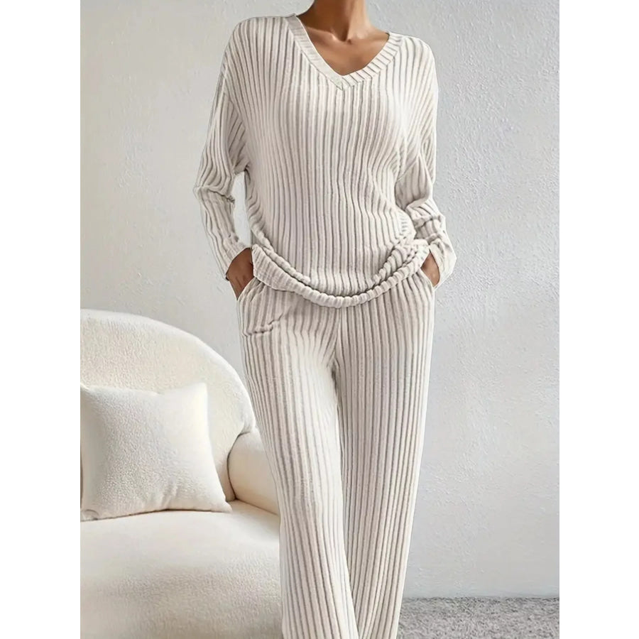 Ribbed Knit V-Neck Top and Pants Set Off-white / S Apparel and Accessories