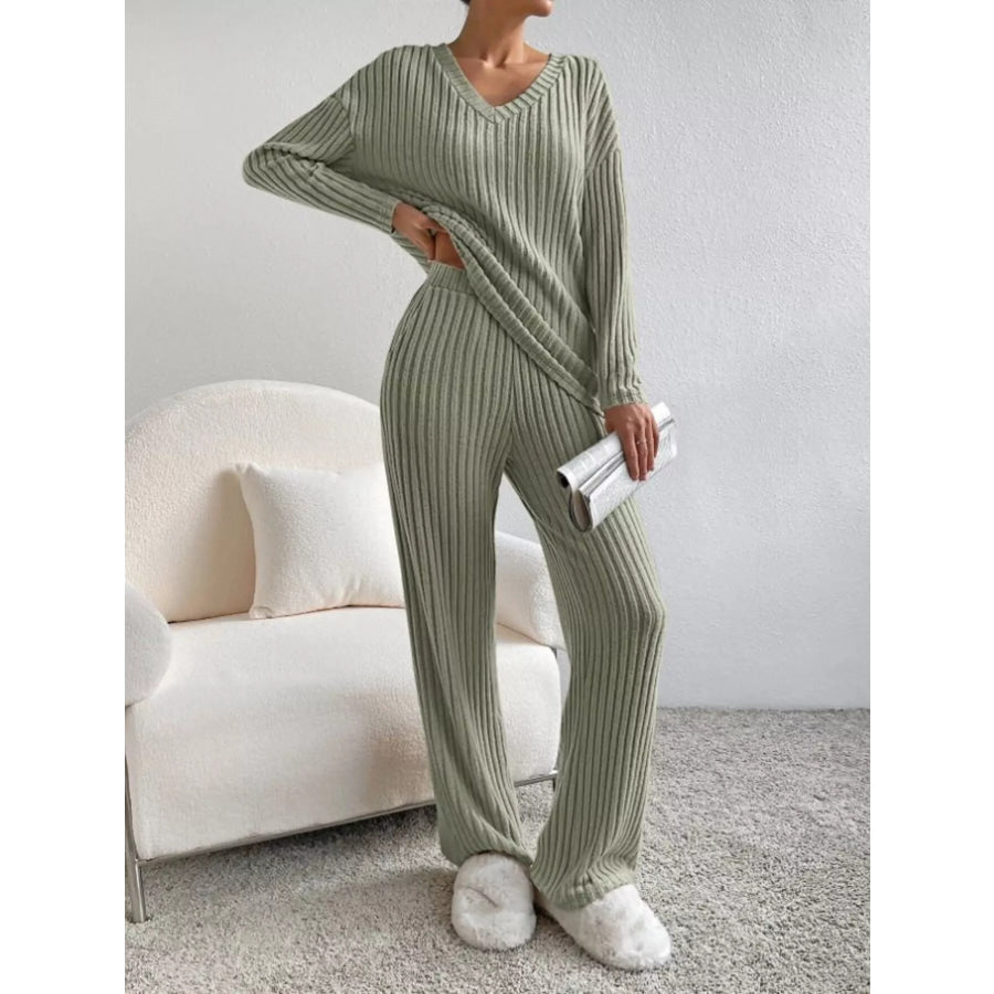 Ribbed Knit V-Neck Top and Pants Set Sage / XS Apparel and Accessories