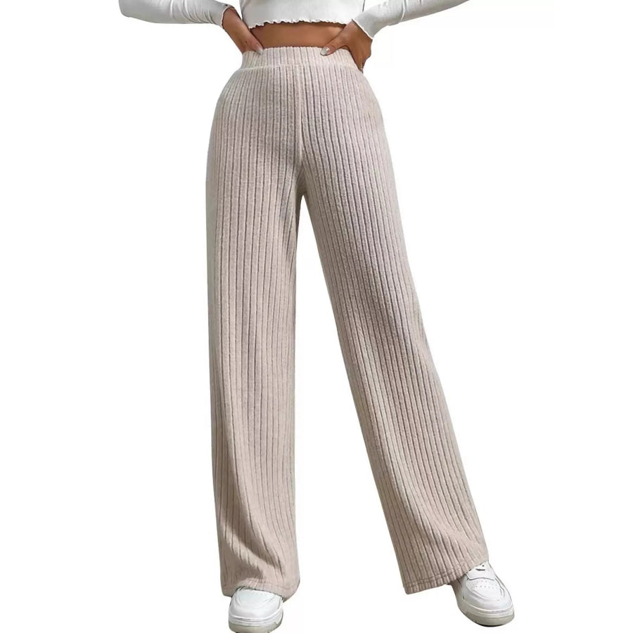 Ribbed Knit Wide-Leg Sweater Pants Beige / S Apparel and Accessories
