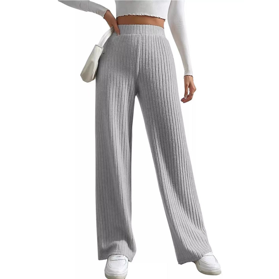 Ribbed Knit Wide-Leg Sweater Pants Light Gray / S Apparel and Accessories